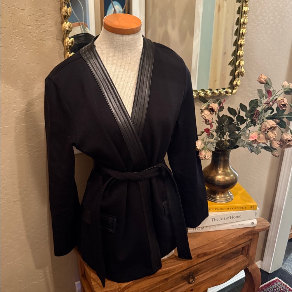 Black Kimono Style Max Mara Italian Jacket with Leather Trim 46